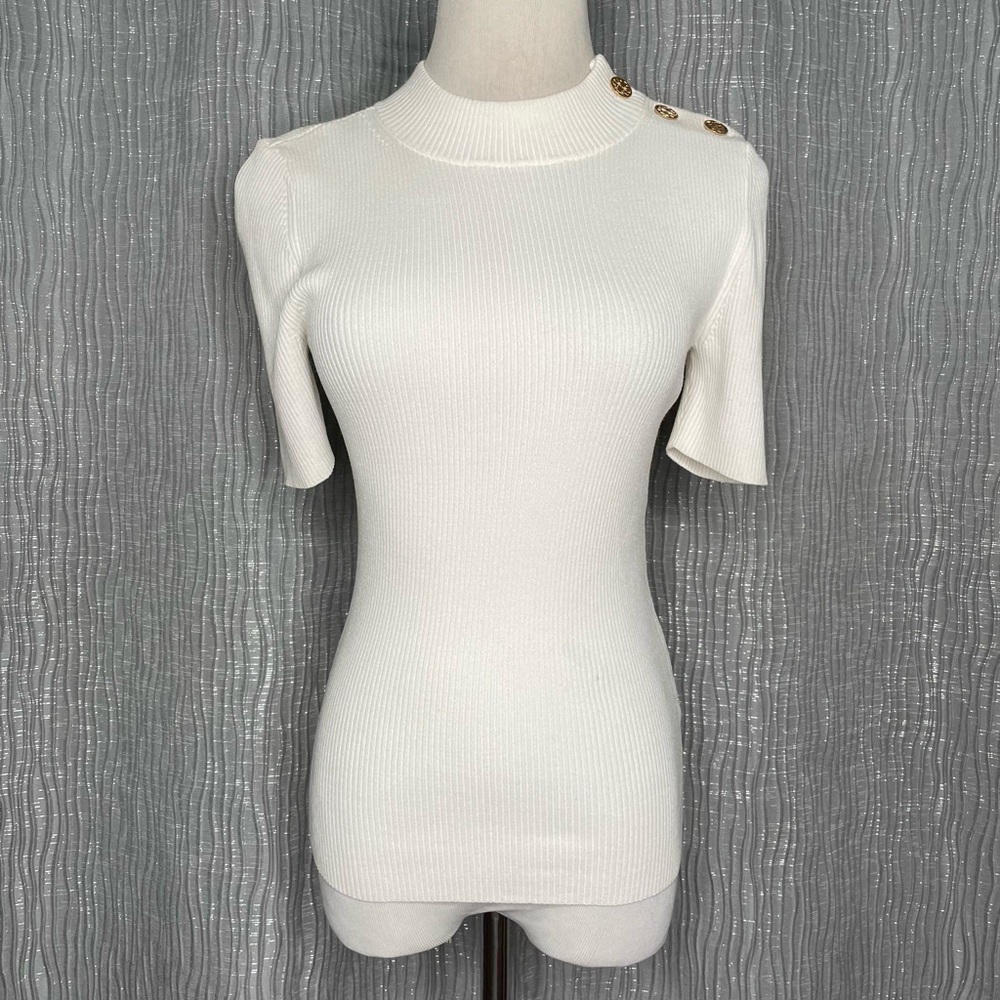 Tory Burch Logo Button ribbed short sleeve sweater - Picture 2 of 8